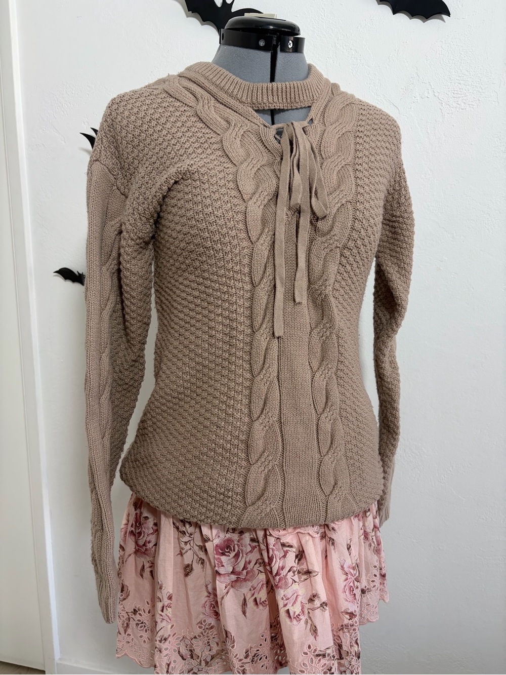 Forever 21 Cotton Blend Taupe Cable Knit Tie-Front Sweater